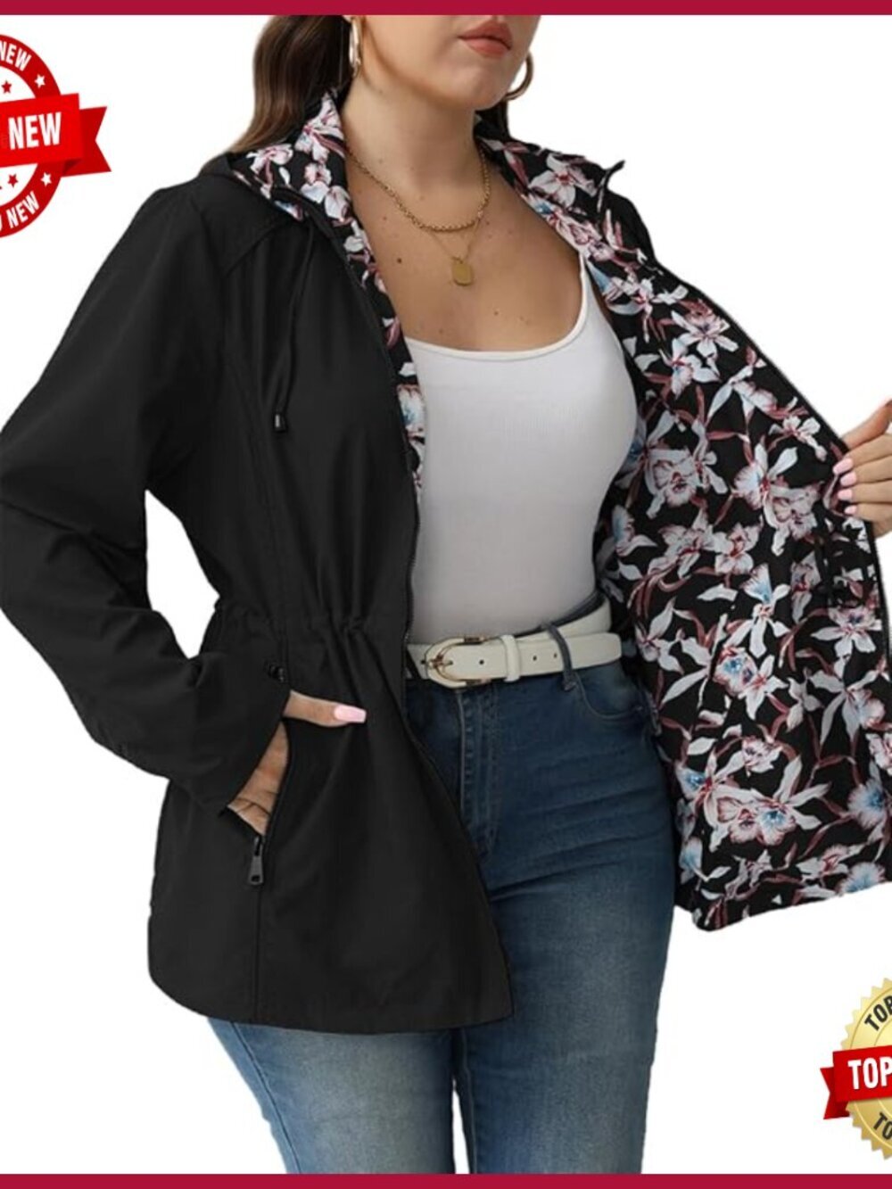 Plus Size Floral Print Reversible Windbreaker Jacket with Hood